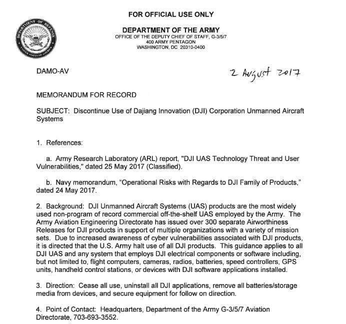 US Army 备忘录页面，含"halt use of all DJI products"的禁令措辞