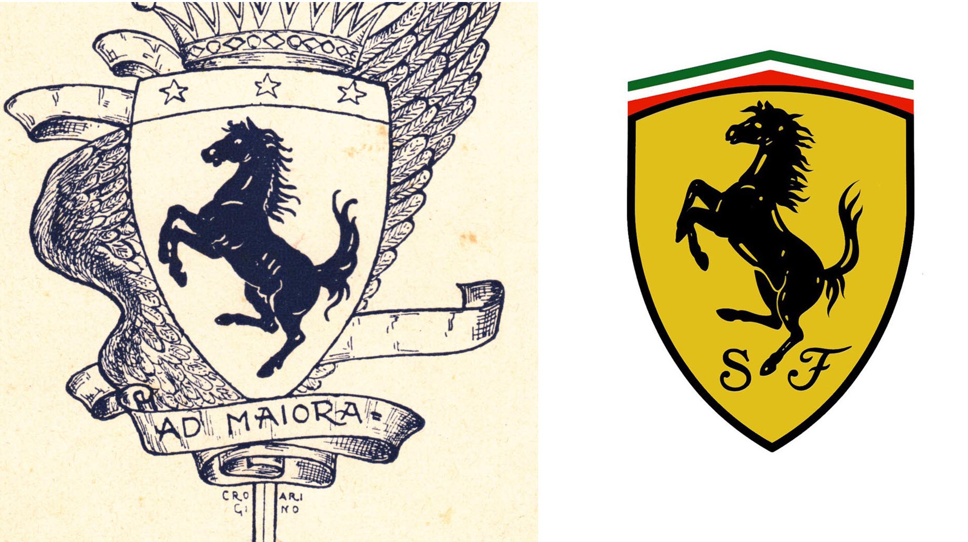 Gino Croari 1930 年绘制的纪念手册封面与 Ferrari 跃马的对比，可见尾巴部位的变化