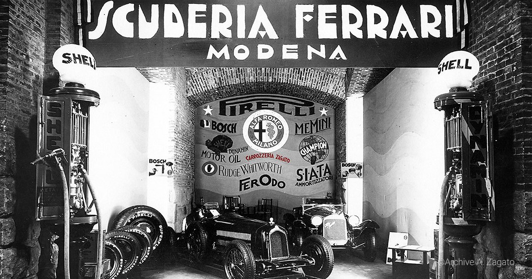 1929 年 Scuderia Ferrari 在摩德纳 Viale Trento e Trieste 11 号的第一个基地，一栋 Art Deco 风格建筑，楼下 workshop 楼上居住