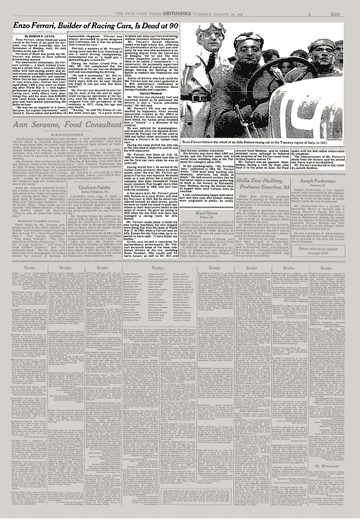 1988 年 8 月 16 日 New York Times 讣告版面，标题为 "Enzo Ferrari, Builder of Racing Cars, Is Dead at 90"
