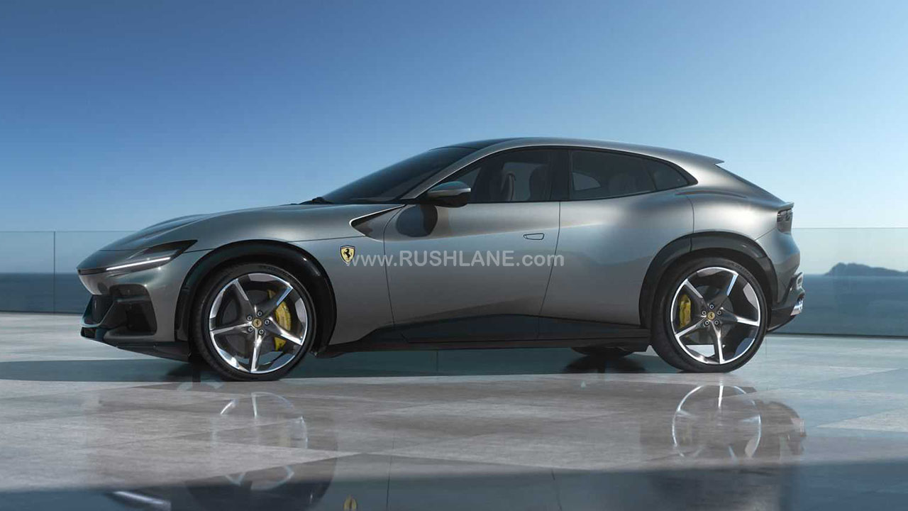 Ferrari Purosangue 红色侧后方视角，展示车身比例和排气布局
