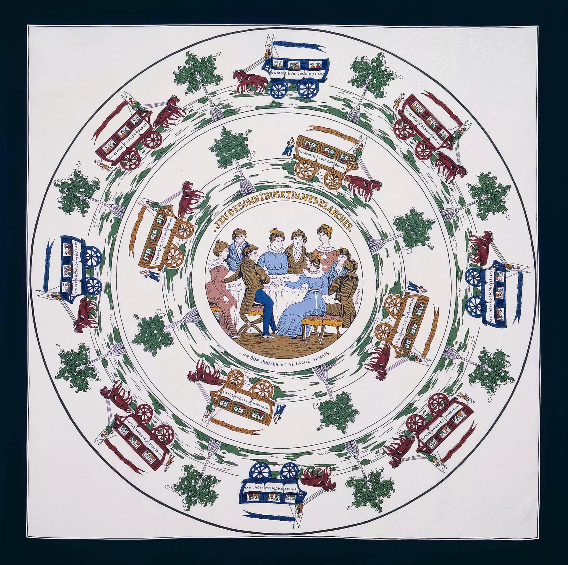 第一块 Hermès Carré 丝巾「Jeu des Omnibus et Dames Blanches」