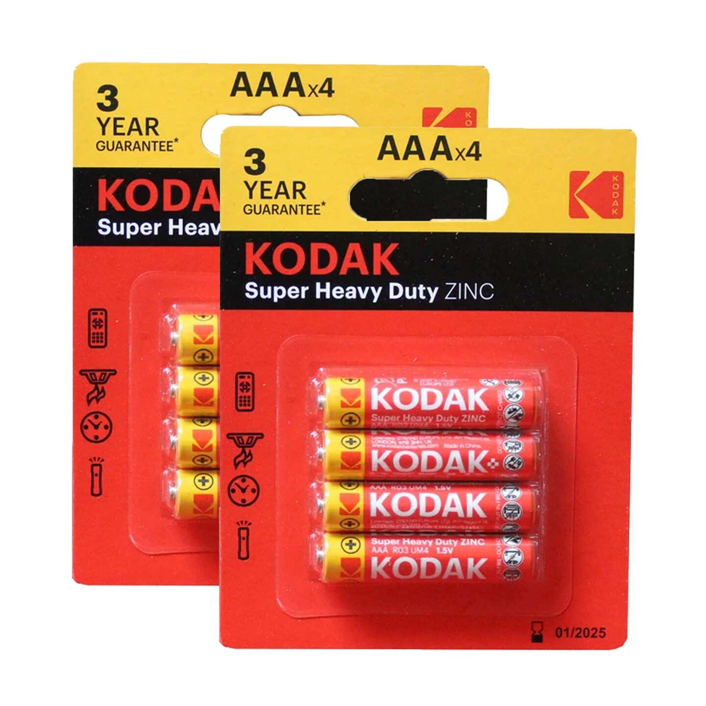 Kodak 品牌授权电池产品零售包装，AA 和 AAA 碱性电池
