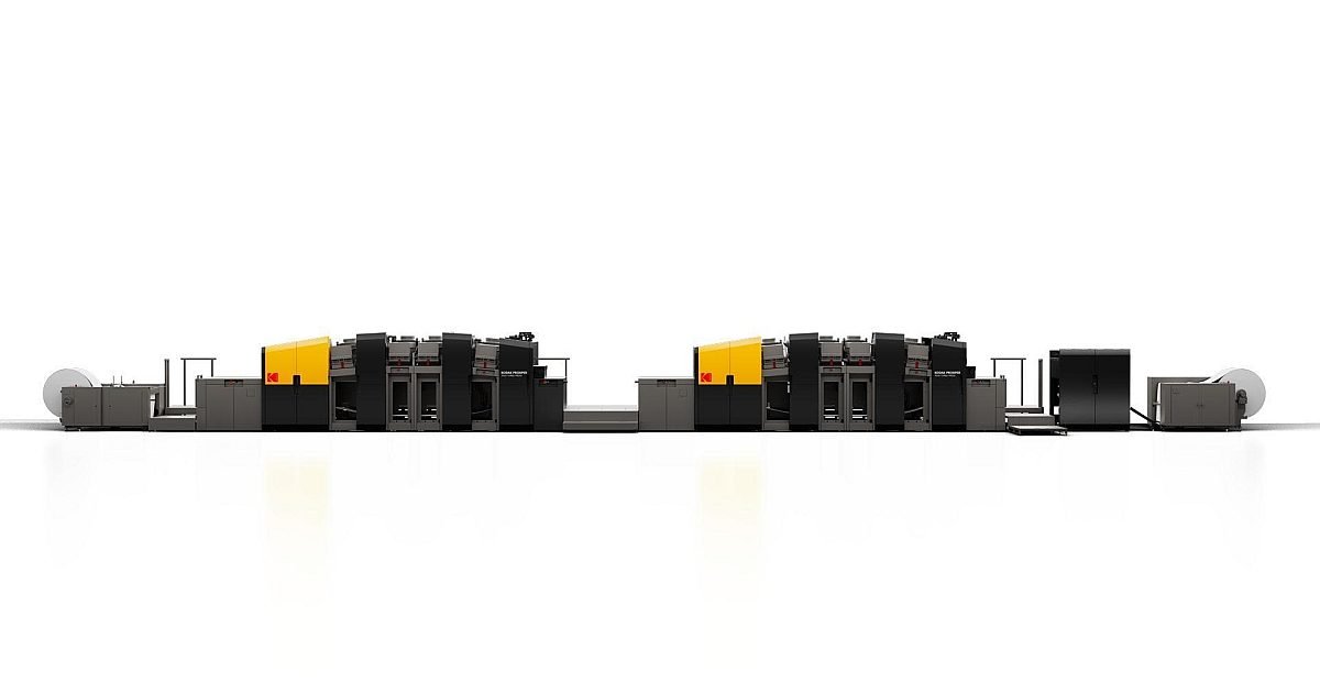 Kodak PROSPER 7000 Turbo Press 喷墨印刷机，黄色与灰色工业外观，多模块大型设备