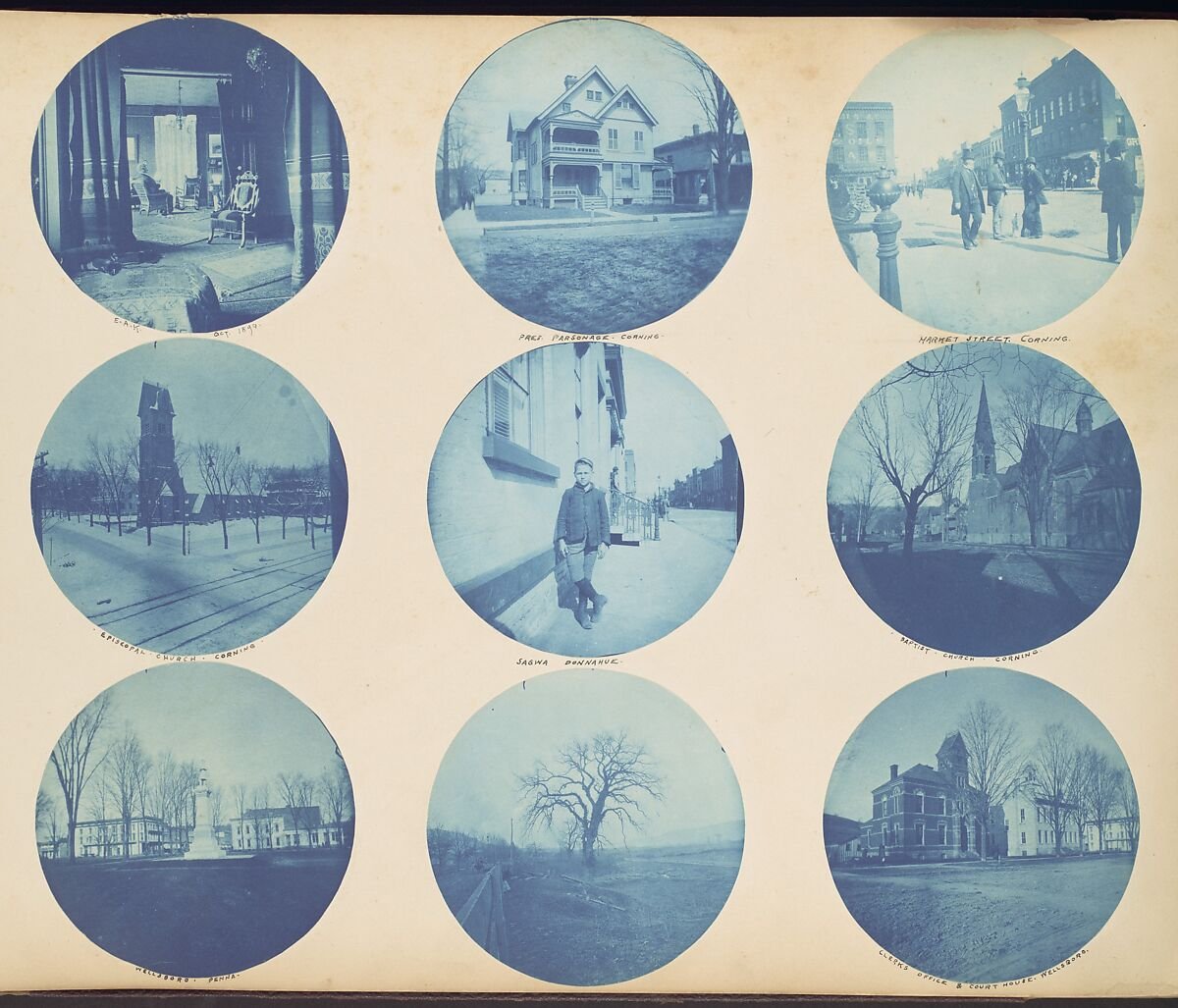 1890 年代匿名业余摄影师的快照相册，包含蓝晒法和明胶银盐照片