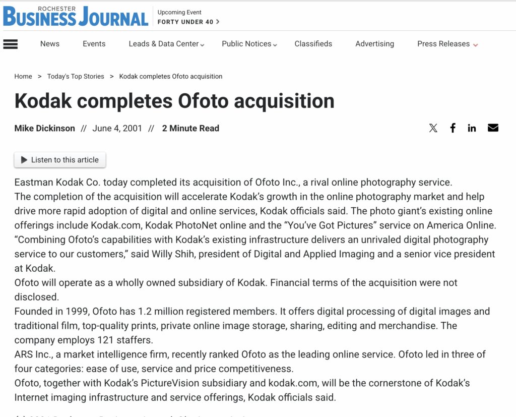 Ofoto 网站历史界面，2001 年被 Kodak 收购
