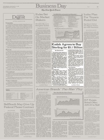 1988 年 1 月 23 日纽约时报头版报道：柯达同意以 $51 亿收购 Sterling Drug