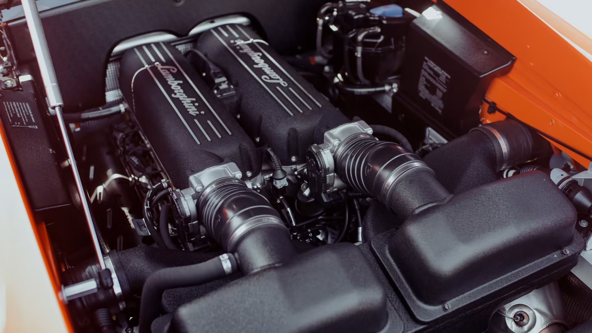 Gallardo 5.0L V10 引擎舱，展示银色进气歧管