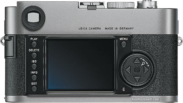 M9 背面，展示经典的 Leica 红点和简洁按钮布局