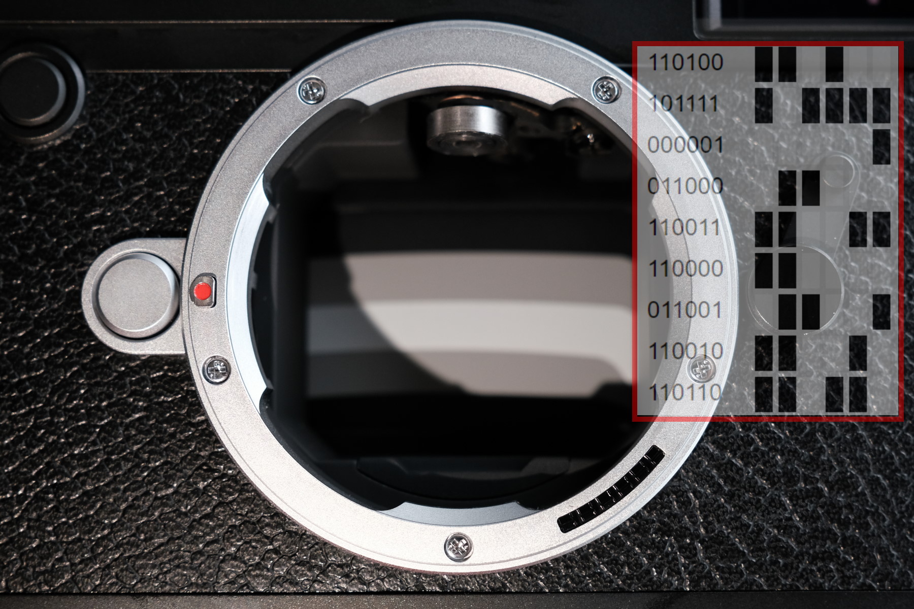 Leica M 镜头 6-bit 编码图例，显示卡口环上的六格黑白标记排列