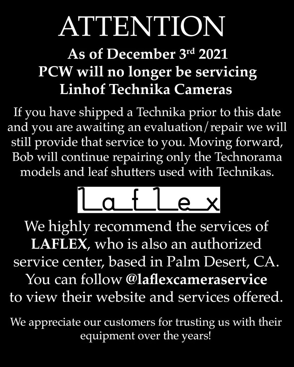 Precision Camera Works (PCW) 网站，标注为 Linhof 工厂授权服务中心