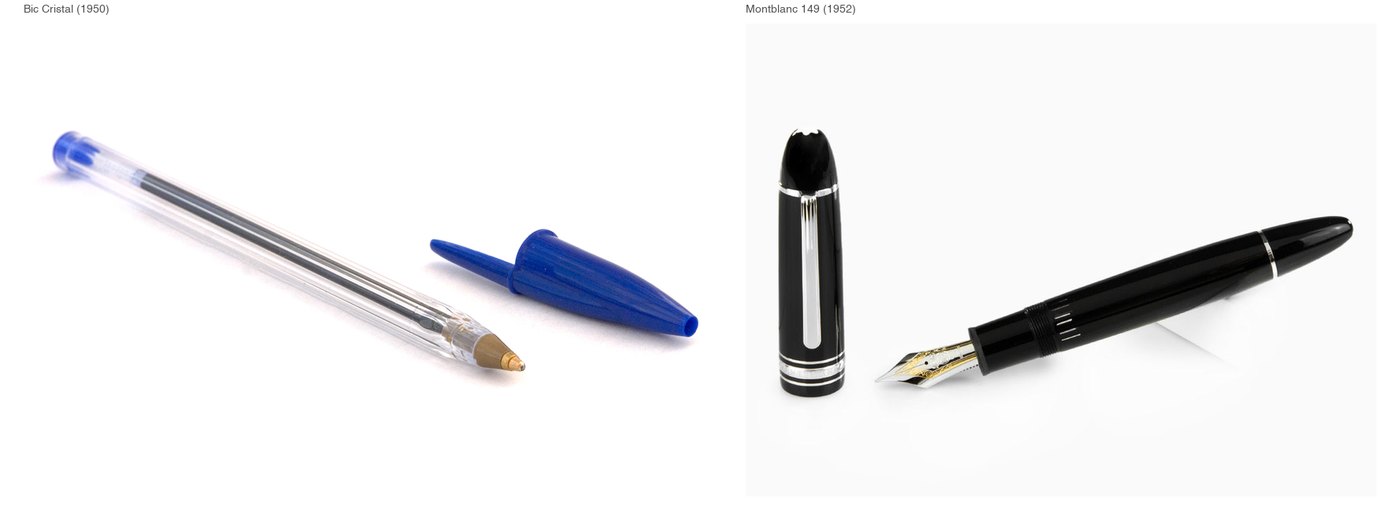 Bic Cristal 透明六角笔杆与 Montblanc 149 黑色树脂笔杆的对比图