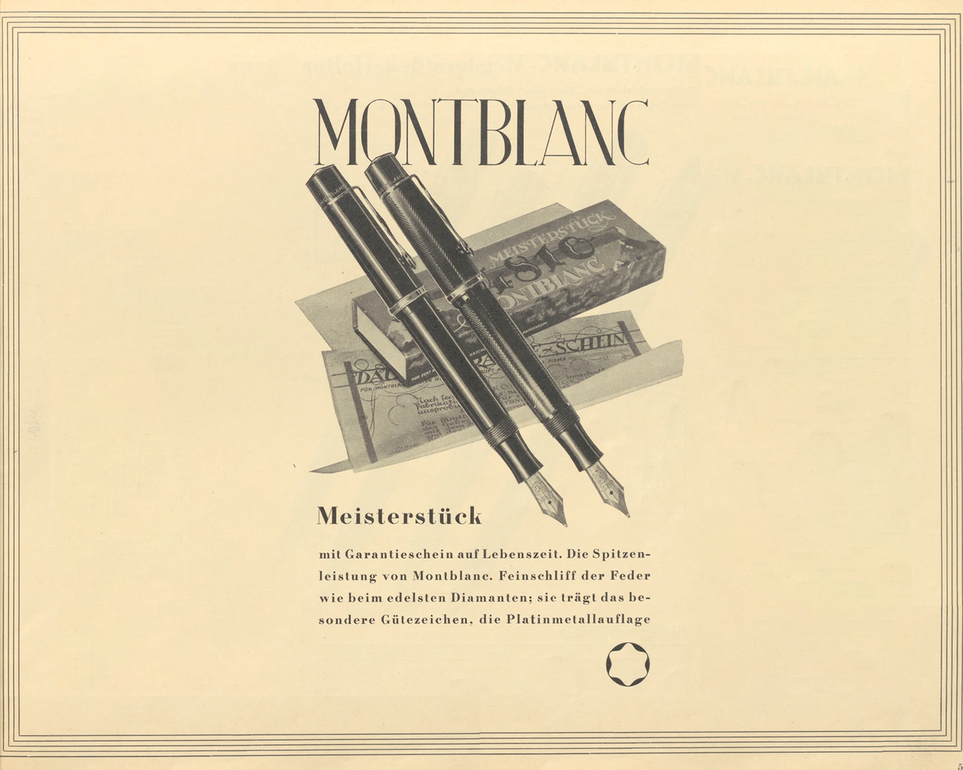 1936 年 Montblanc Meisterstück 杂志广告展示早期钢笔产品线