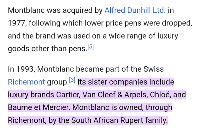 Reddit 用户整理的 Montblanc 所有权时间线，展示从 1977 年 Dunhill 收购到 1993 年 Richemont 整合的路径