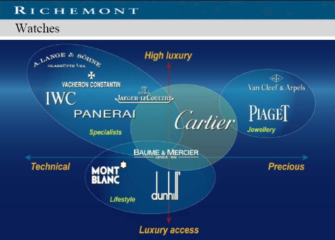 Richemont 品牌定位矩阵，按"Luxury Access / Specialist Expertise / Lifestyle"三个维度划分